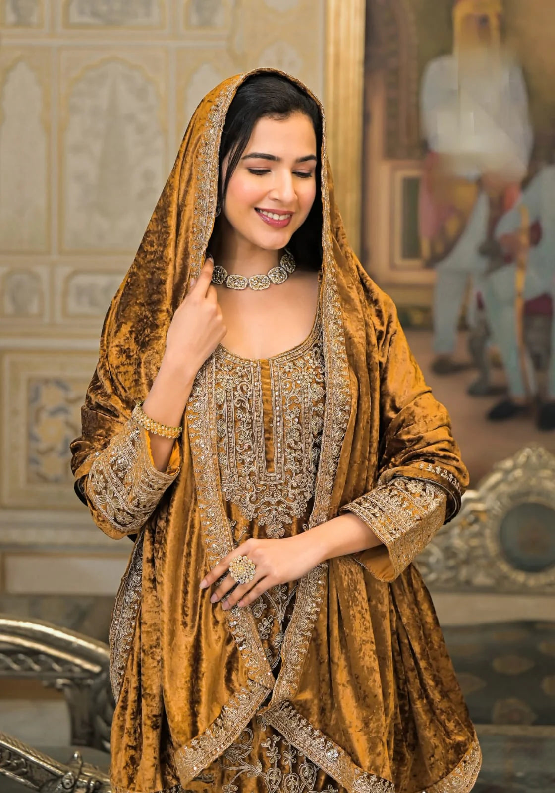 Suvesha Velvet Plazzo Suit Set With Heavy Embroidery
