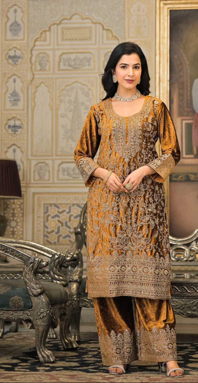 Suvesha Velvet Plazzo Suit Set With Heavy Embroidery