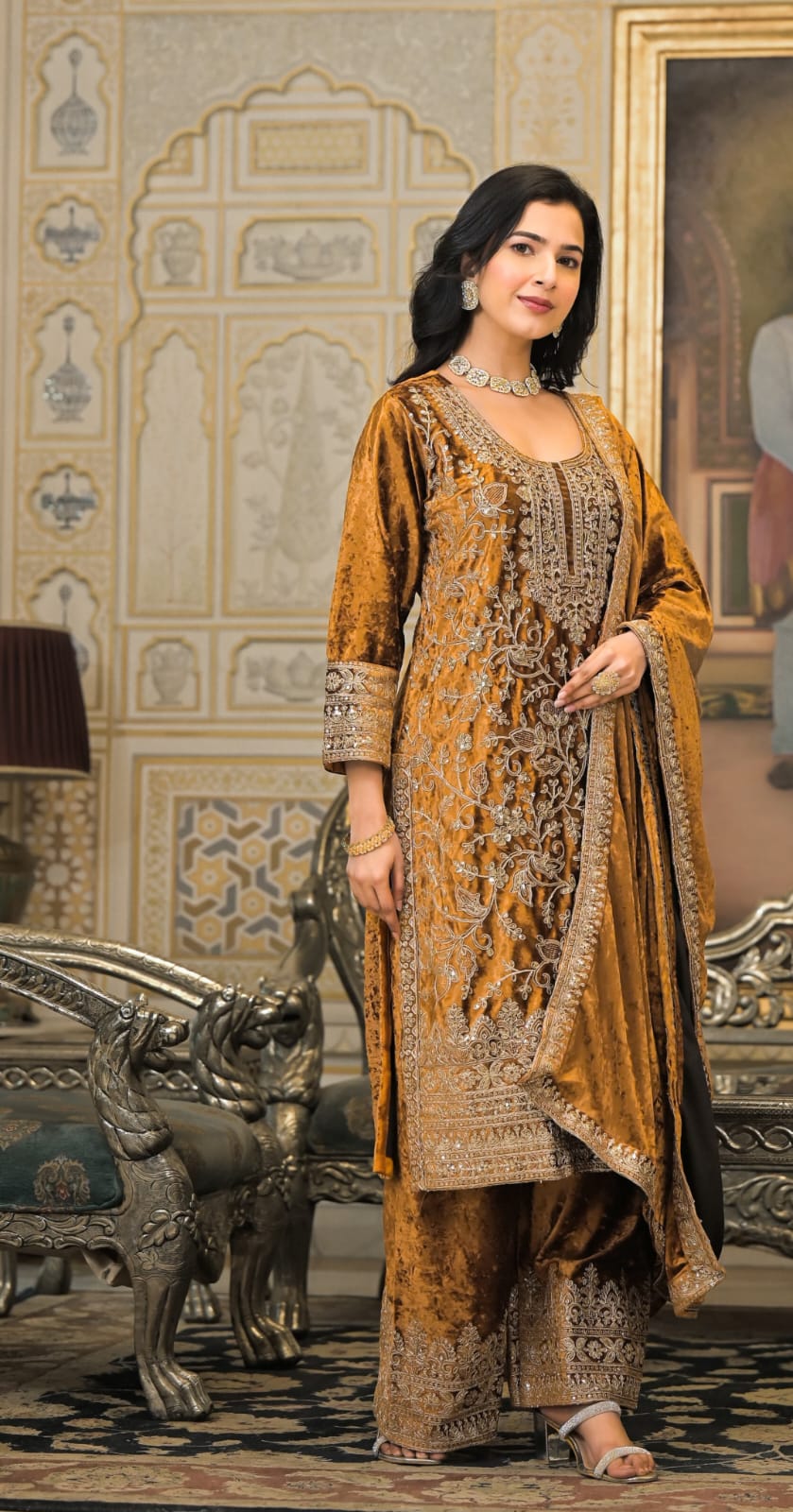 Suvesha Velvet Plazzo Suit Set With Heavy Embroidery