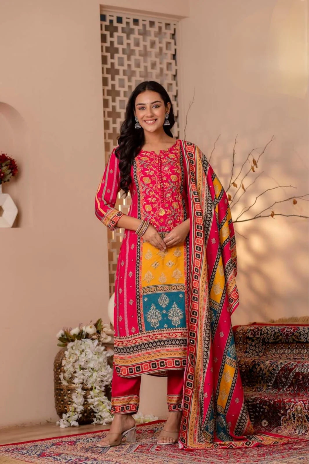 Suvesha Pure Muslin Pakistani Pattern Suit Set With Sequence & Mirror Work