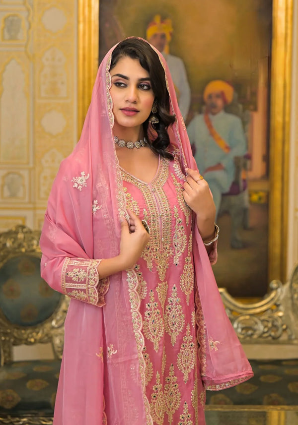 Suvesha Soft Organza Suit Suit With Heavy Embroidery And Hand Pasted Mirrors