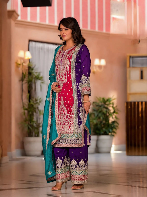 Suvesha Premium Silk Plazo Set With Heavy Embroidery With Hand Pasted Real Mirror