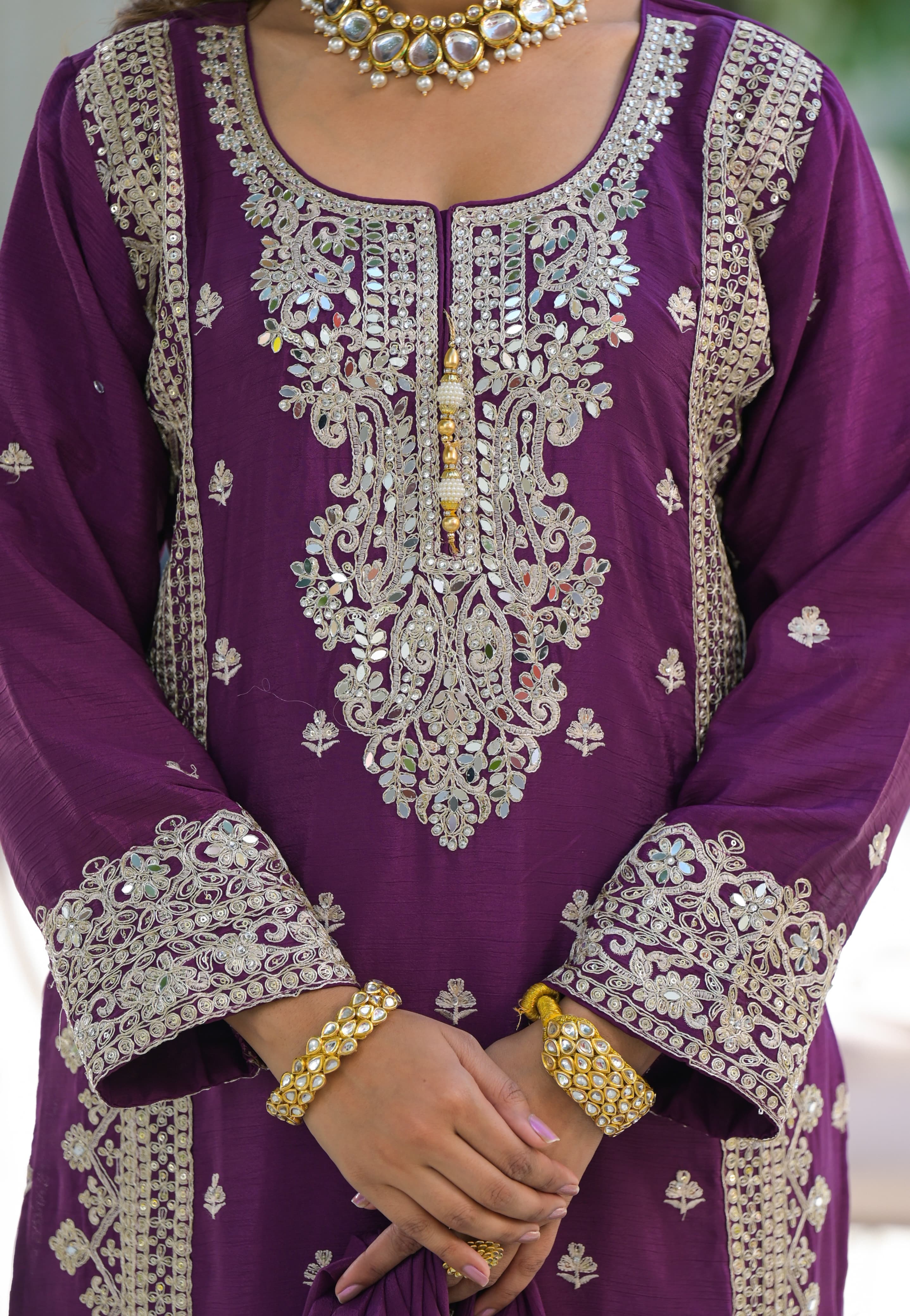 Suvesha Suvesha Plazzo Set with Hand-Pasted Real Mirror Work – Dark Purple