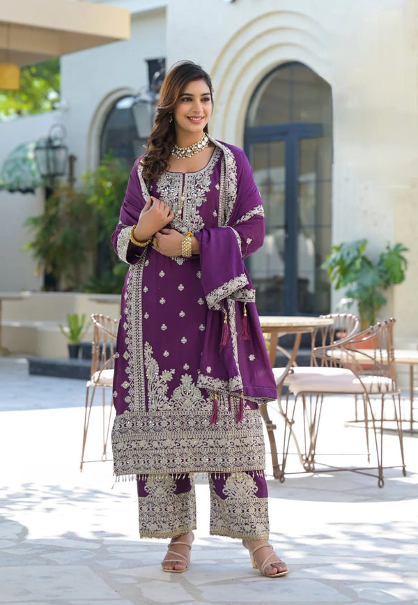 Suvesha Suvesha Plazzo Set with Hand-Pasted Real Mirror Work – Dark Purple