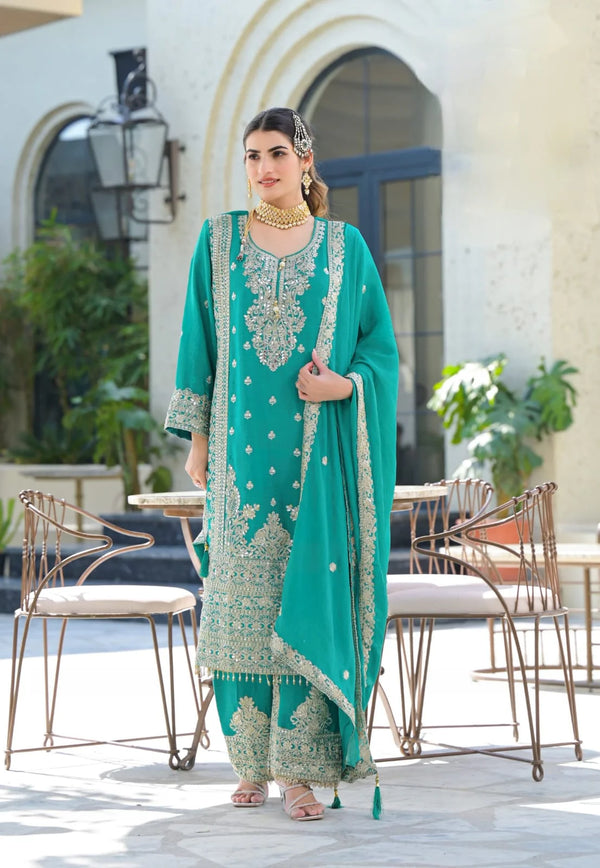 Suvesha Suvesha Plazzo Set with Hand-Pasted Real Mirror Work – Sea Green