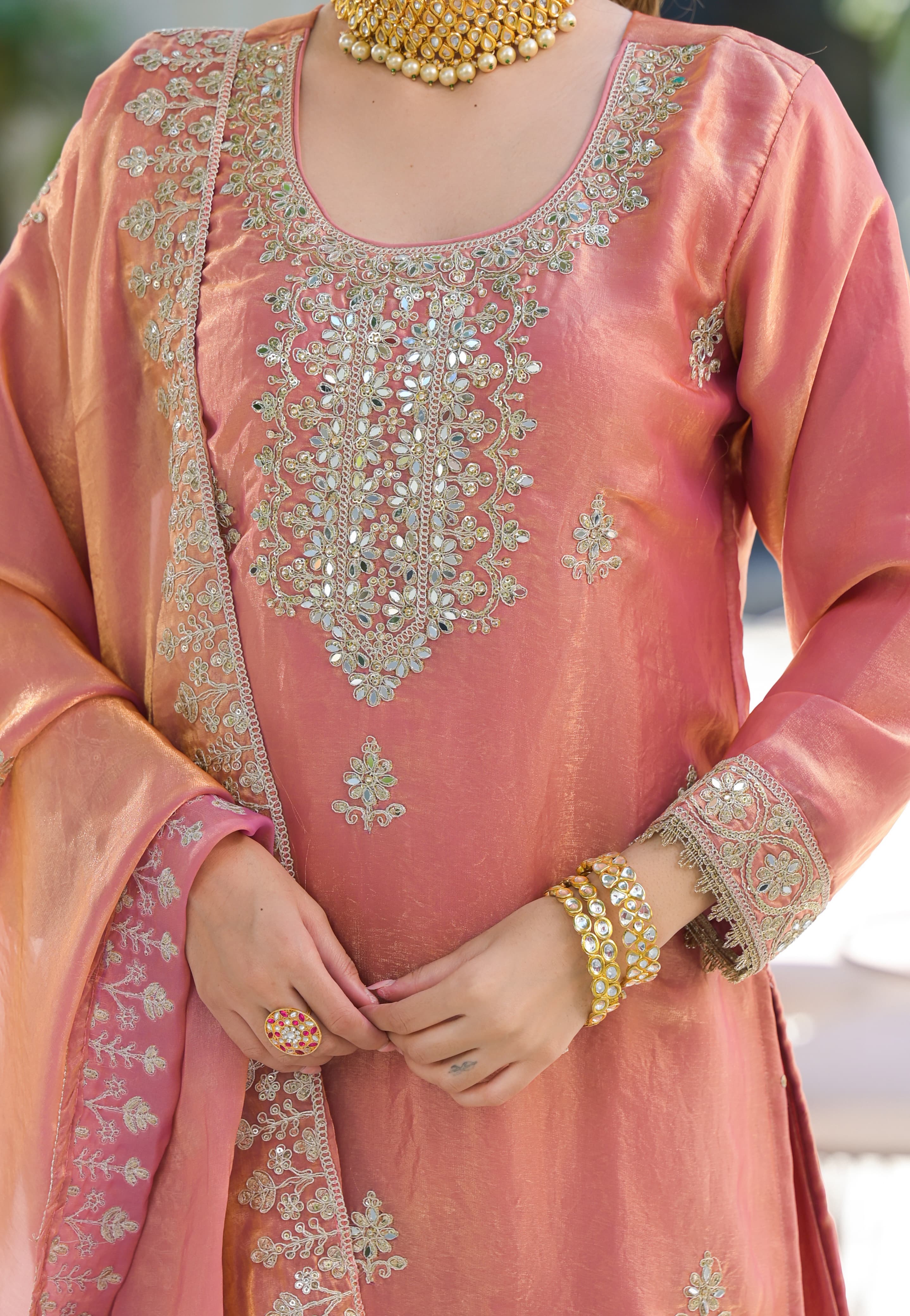 Suvesha Suvesha Plazzo Set with Hand-Pasted Real Mirror Work – Peach