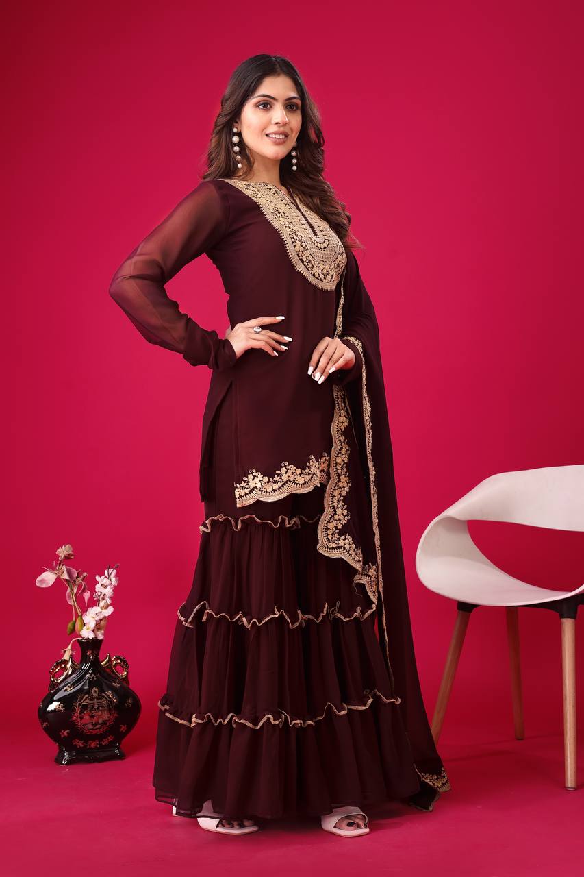 Suvesha Stunning Garara Set With Emboidery - Coffee Brown