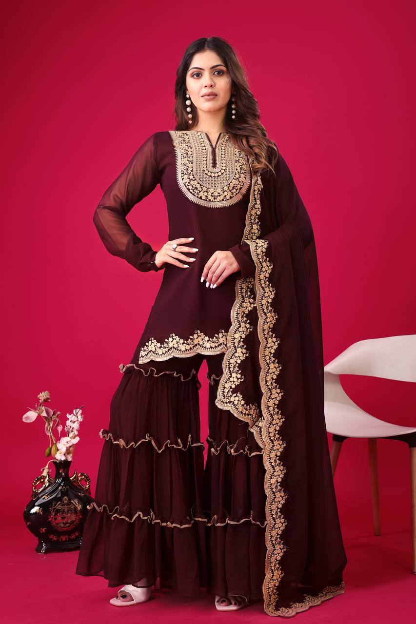 Suvesha Stunning Garara Set With Emboidery - Coffee Brown