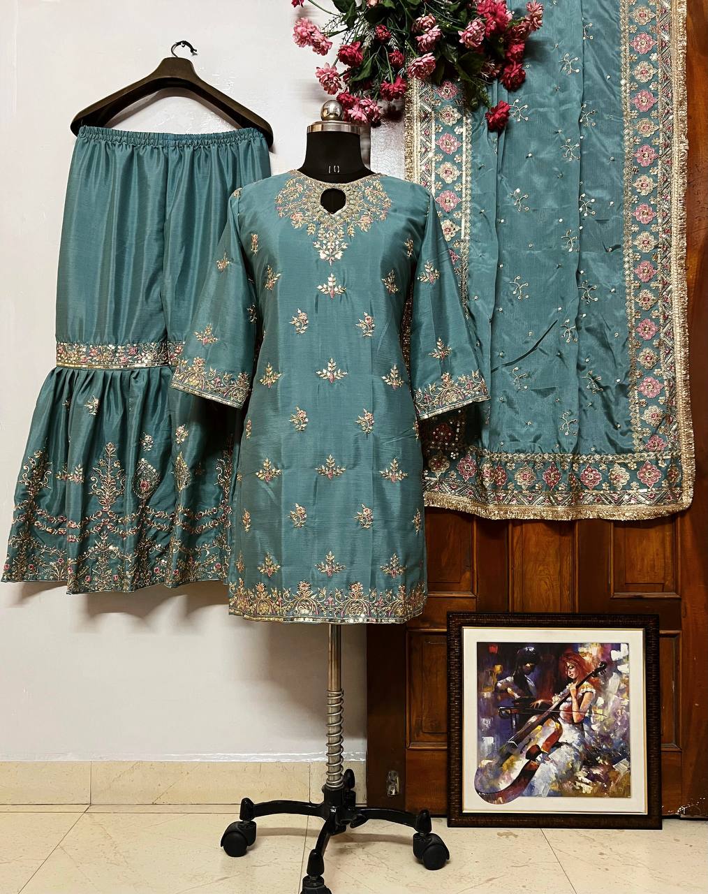 Suvehsa Garara Set In luxurious Chinon Silk With Thread Embroidery work - Greyish Blue