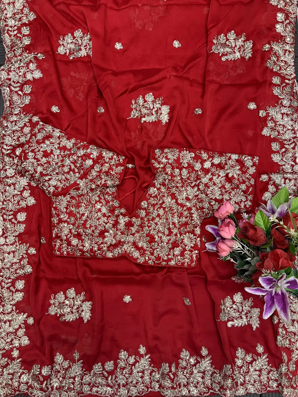 Suvesha  Designer Saree with Heavy Embroidery Work & Ready To Wear Blouse - Red