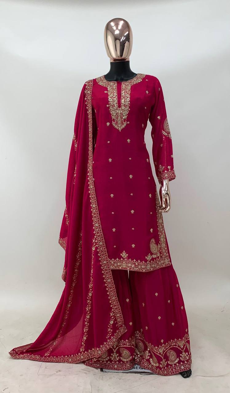 Suvesha EXQUISITE CHINON GARARA SUIT SET WITH HEAVY EMBROIDERY - HOT PINK