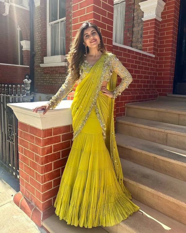 Suvesha Stunning Ready To Wear Lehenga Saree With Heavy Embroidery - Yellow