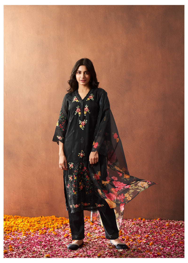 Pakistani Style Straight Kurta Set With Dupatta - Black