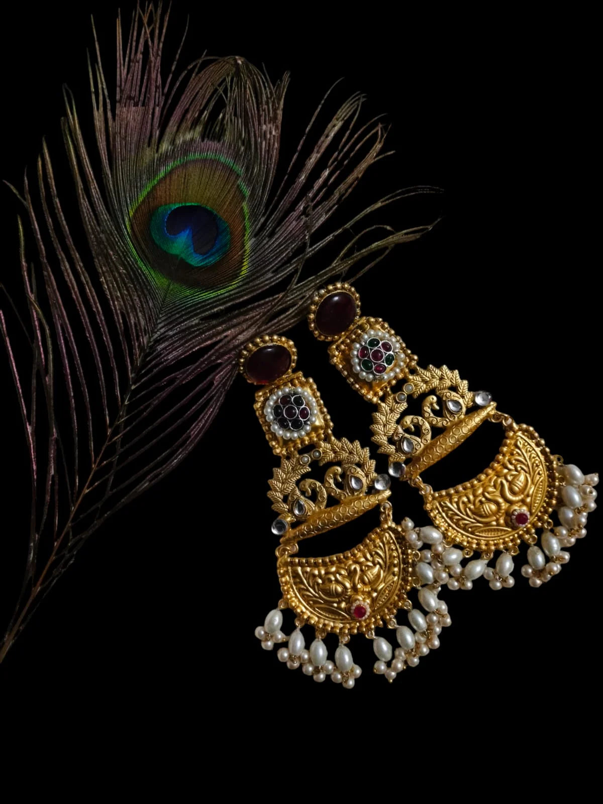 Suvesha Brass Earrings With Handmade Thapa Work With Monalisa Stone