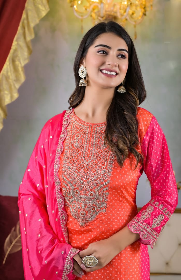 Suvesha Bandhani Print Heavy Embroidery Suit Set - Dual Shade