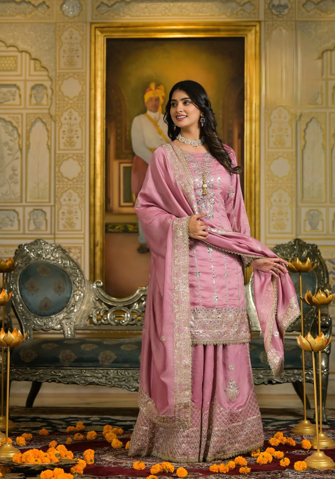 Suvesha Sharara Set With Heavy Embroidery - Pink