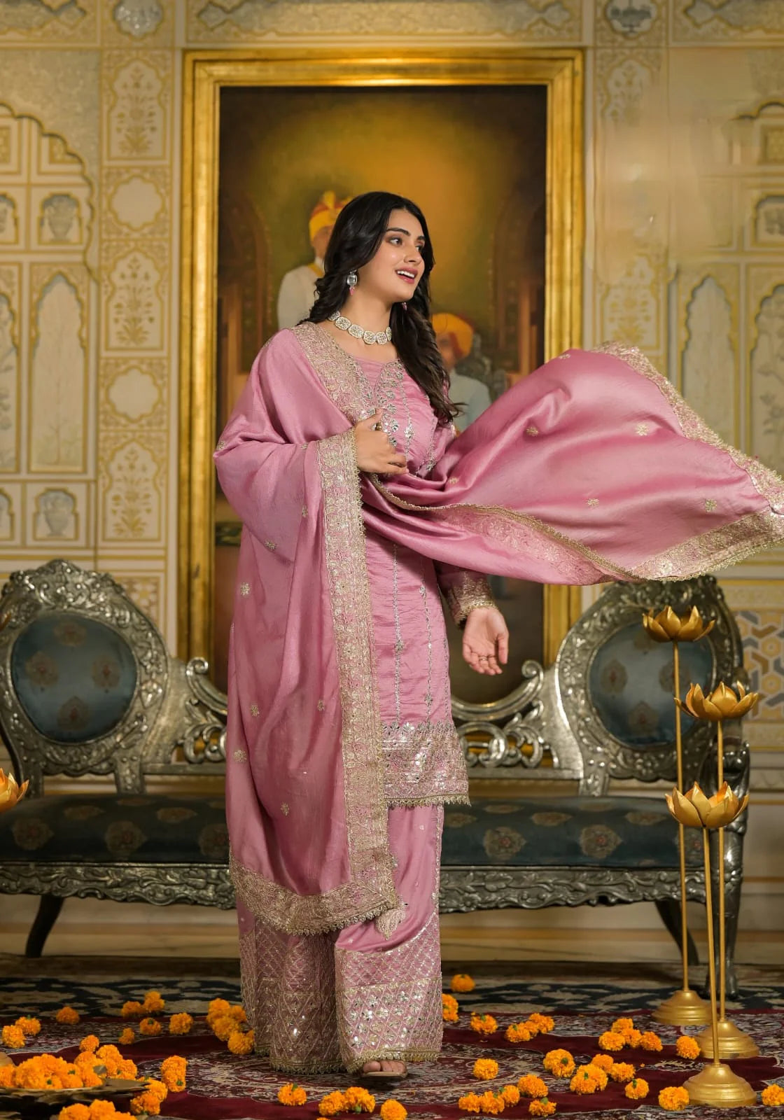 Suvesha Sharara Set With Heavy Embroidery - Pink