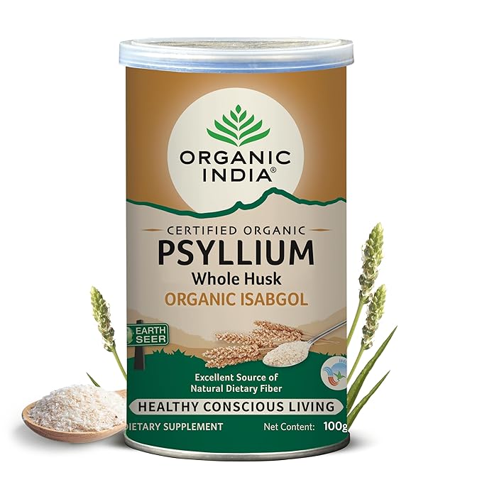A pack of Organic India Isabgol Whole Psyllium Husk Powder
