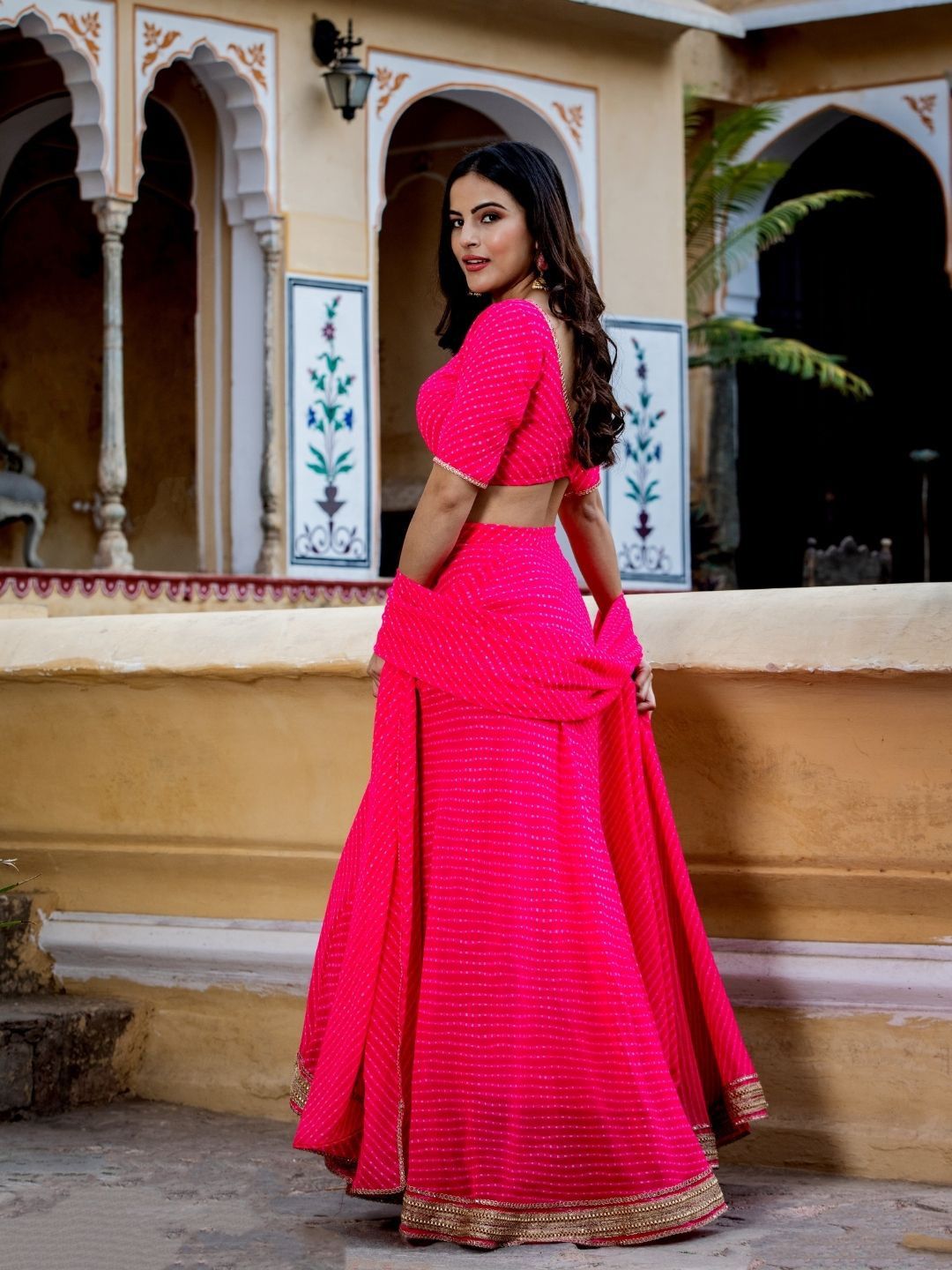 Aastha fashion pink Georgette lehanga blouse fabric Zari and Cording Lace work with Leheriya Print