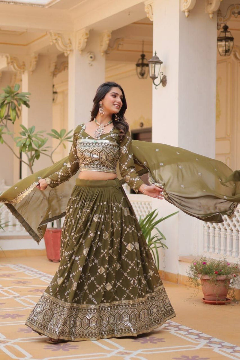 Aastha fashion Mahendi Heavy Fox Georgette lehanga blouse Embroidery Sequence Work