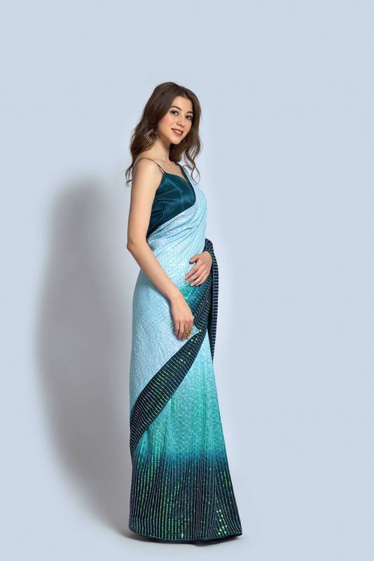 Aastha Multi Vichitra silk Heavy Satin Banglori work Teal color