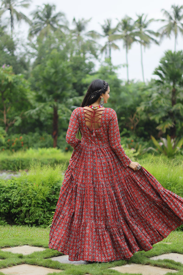 Aastha Maroon Printed Cotton with Gown fabric Kutchi Gamthi Work and Kodi Lace