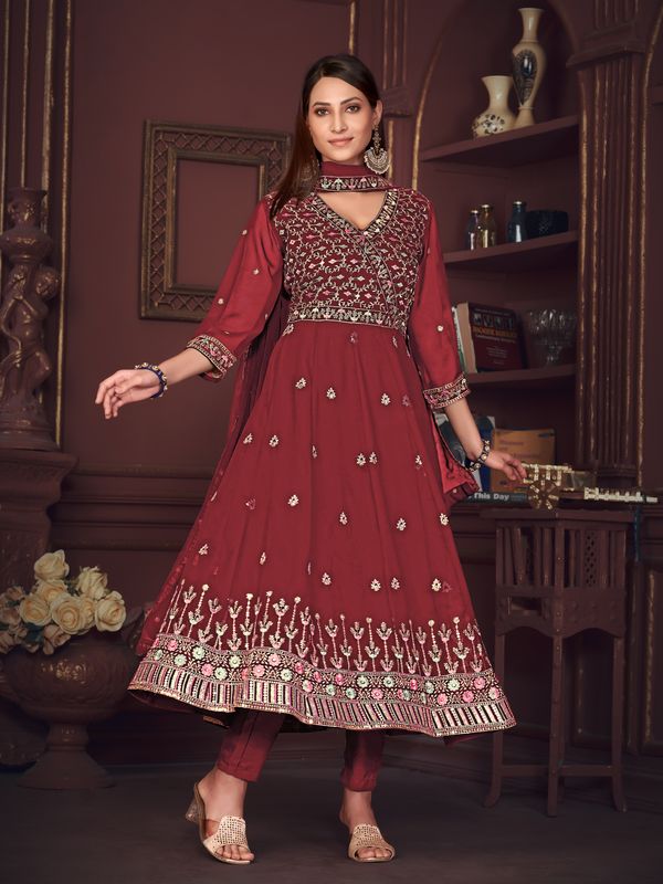 Aastha Maroon with Net top fabric Santoon Net Bottom fabric