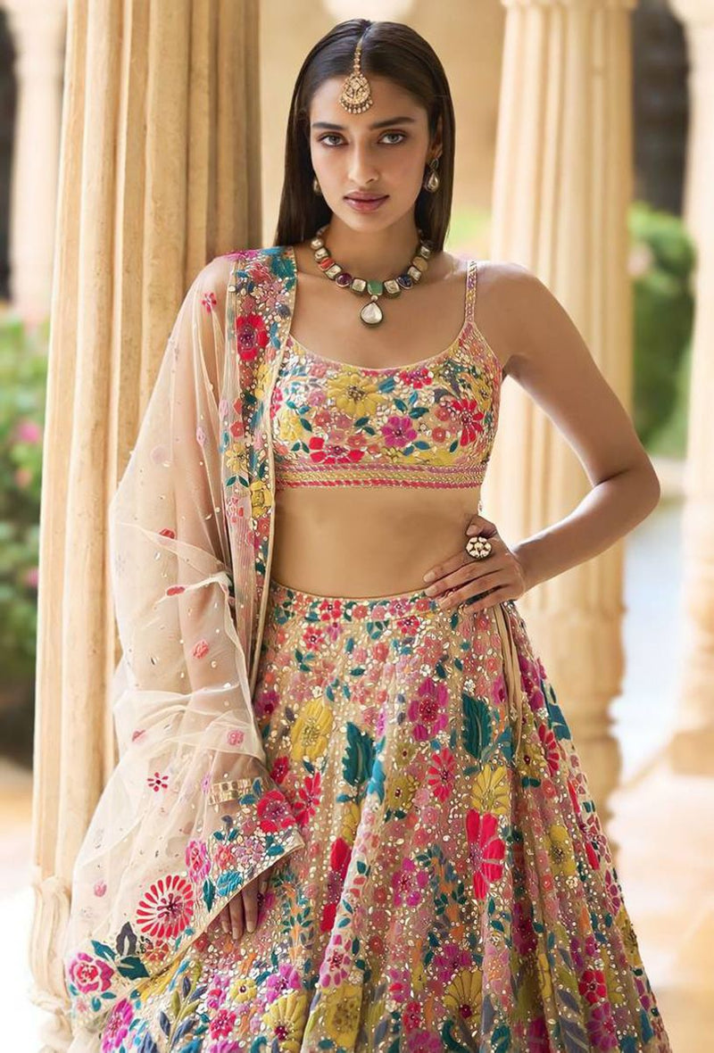 Aastha fashion Multicolor Stain lehanga blouse Embroidered work - Prithvi Mart