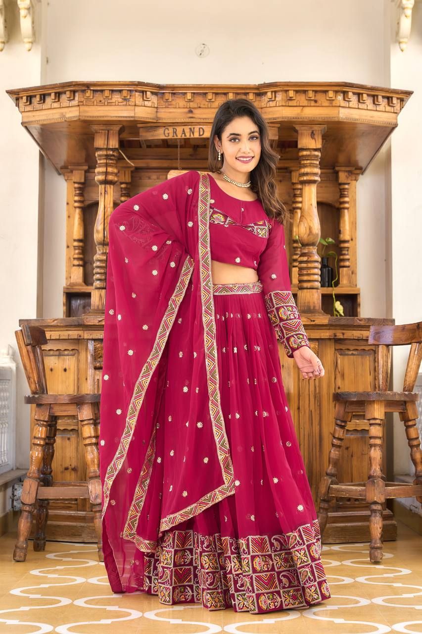 Aastha fashion Magenta Faux Georgette lehanga blouse fabric Heavy Sequence and Thread Embroidery Work
