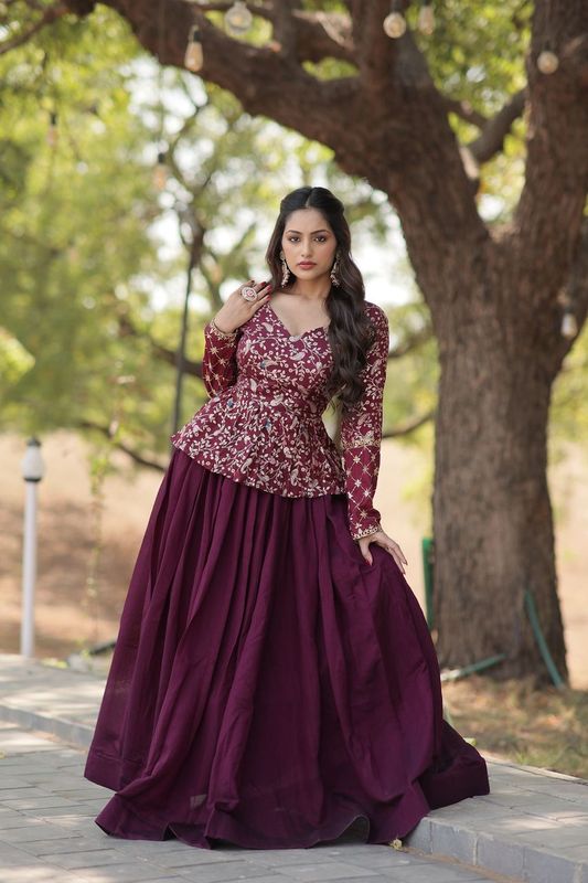 Aastha fashion  wine Shimmer Vichitra Lehenga  Viscose Jacquard  blouse fabric embroidery work