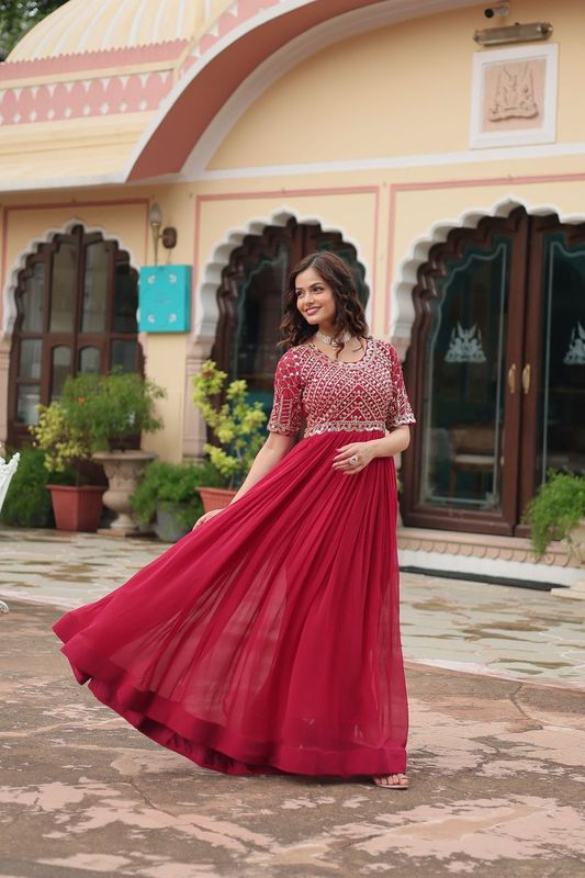 Aastha Pink Faux Blooming with Gown Embroidery Zari Sequins-work