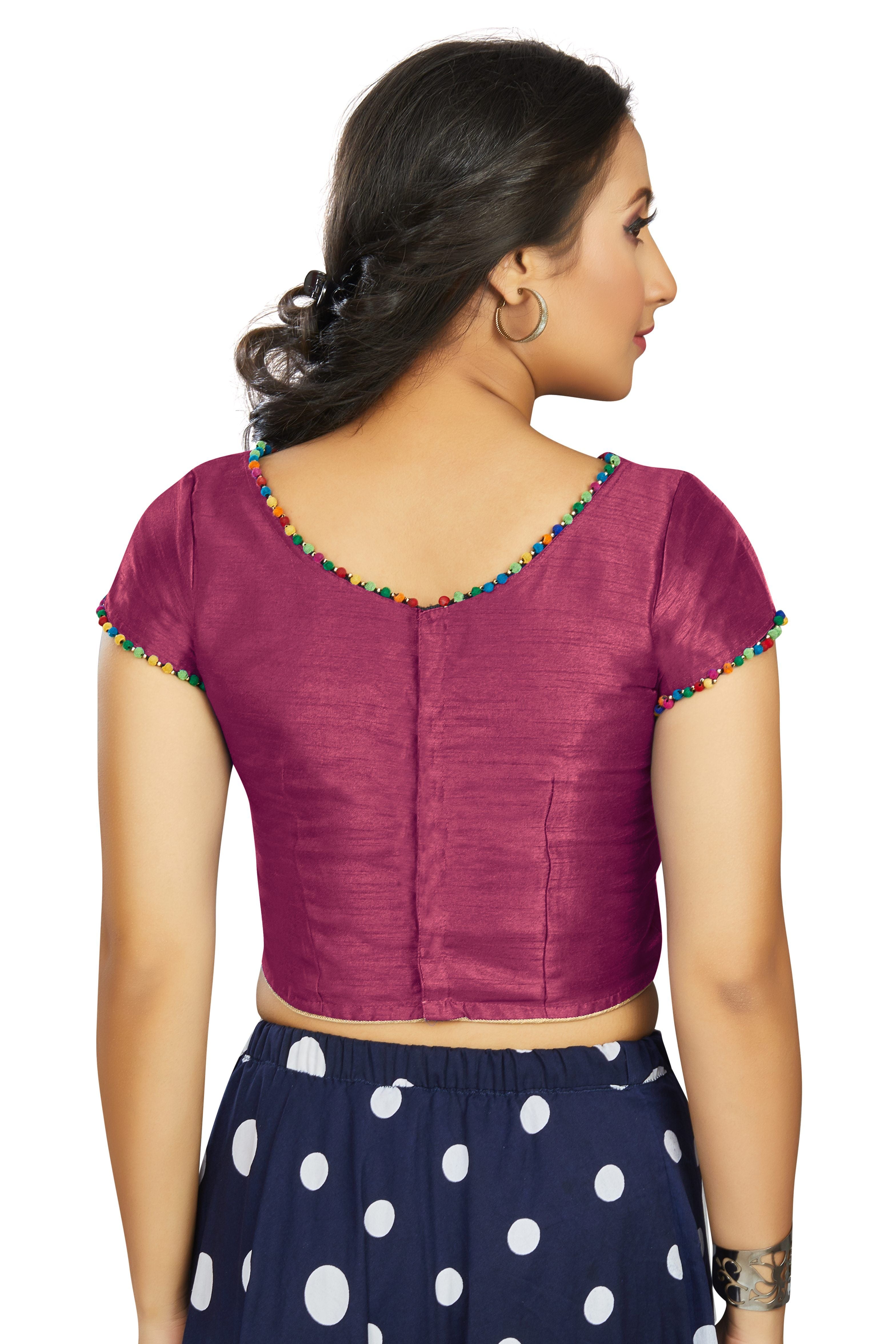Aastha fashion Wine Art Slik Boat Neck Blouse Work Plain