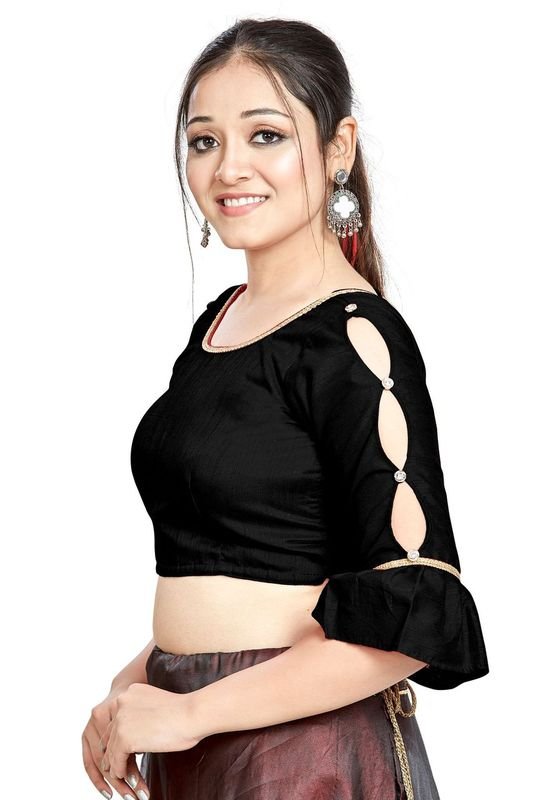 Aastha fashion Black Art Silk Blouse Fabric Sleeve Button Design Blouse work - Prithvi Mart