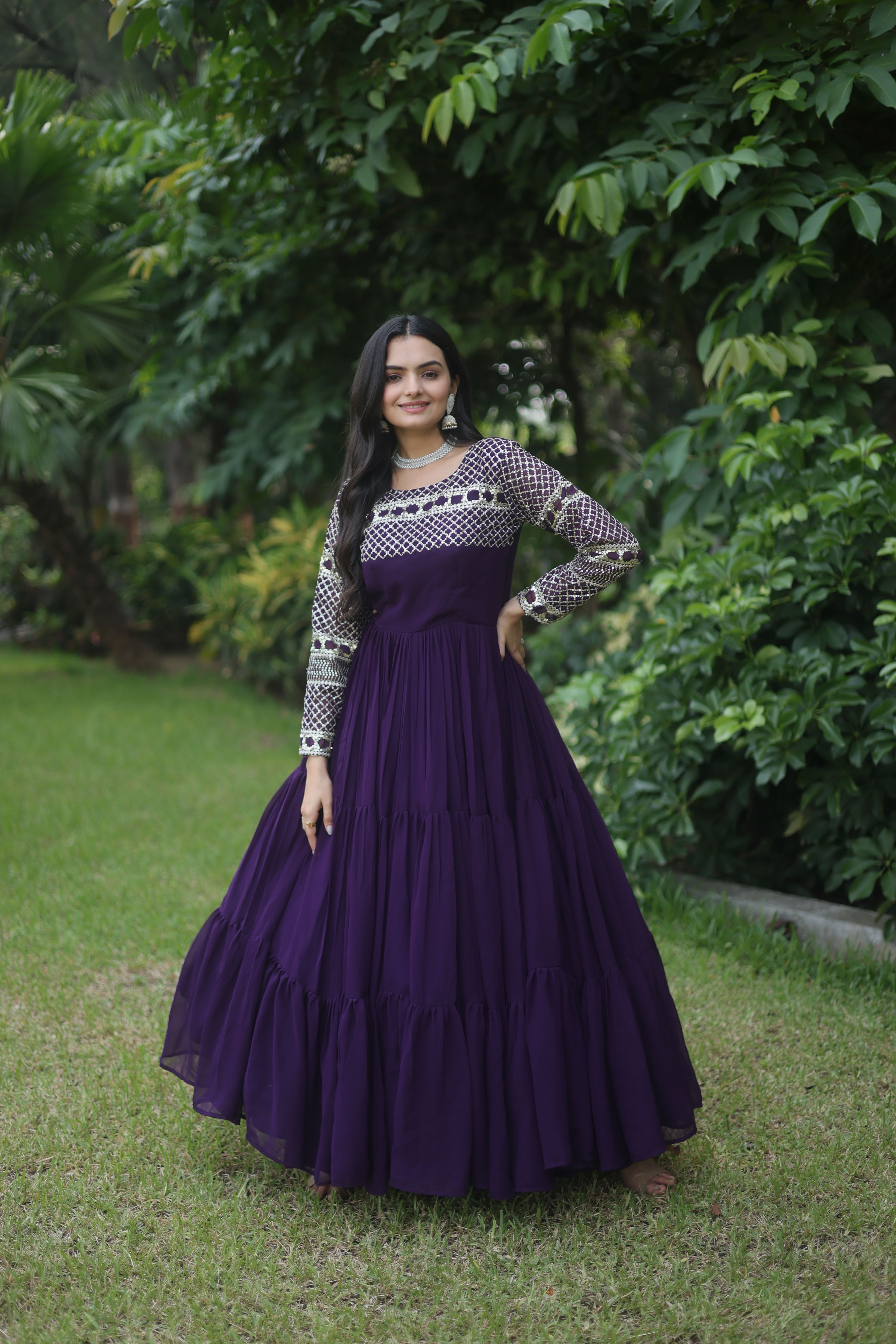Aastha Purple Faux Blooming Russian Silk with Gown Embroidered  Zari Sequins-work