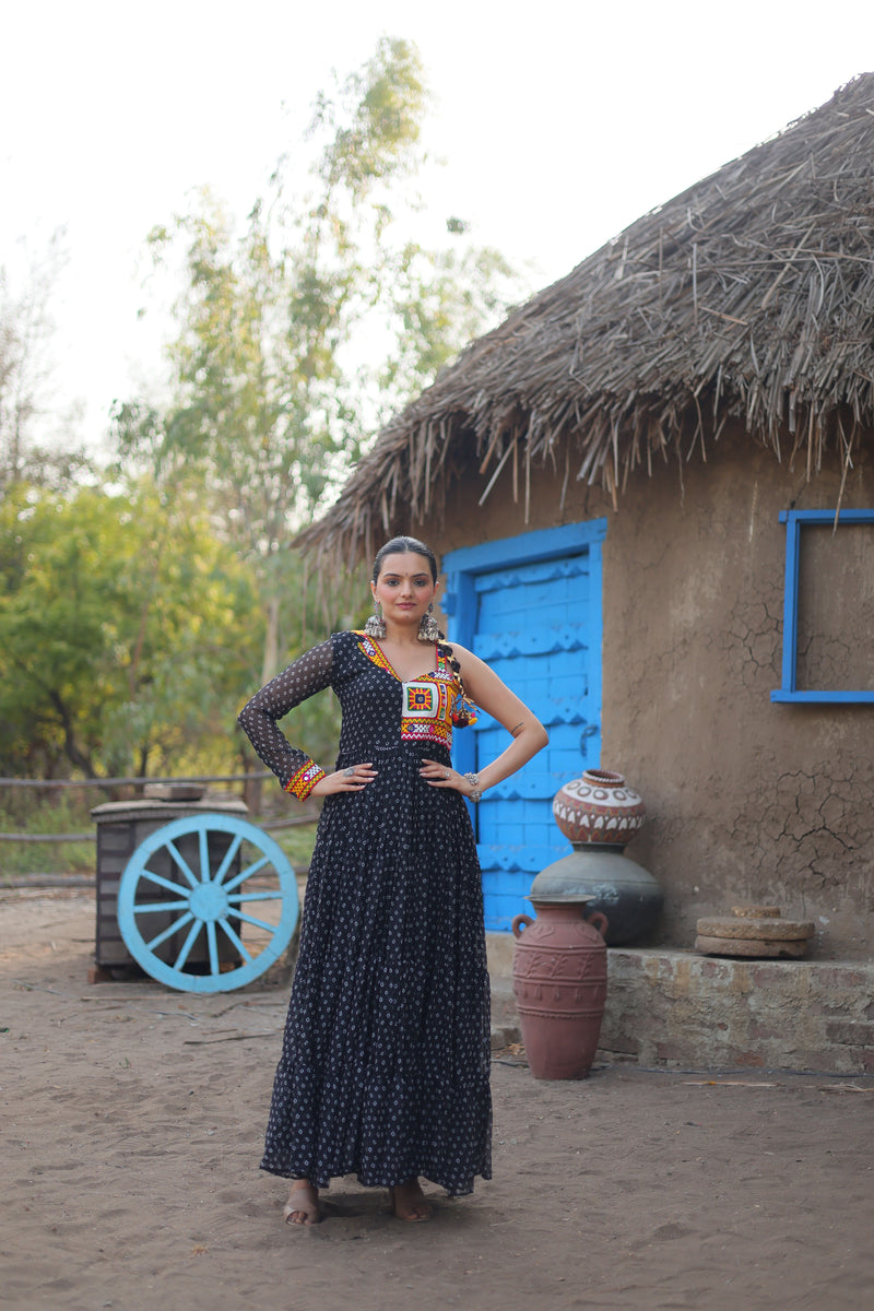 Aastha Black with Gown fabric Faux Georgette Bandhani Print work with kutchi patchework