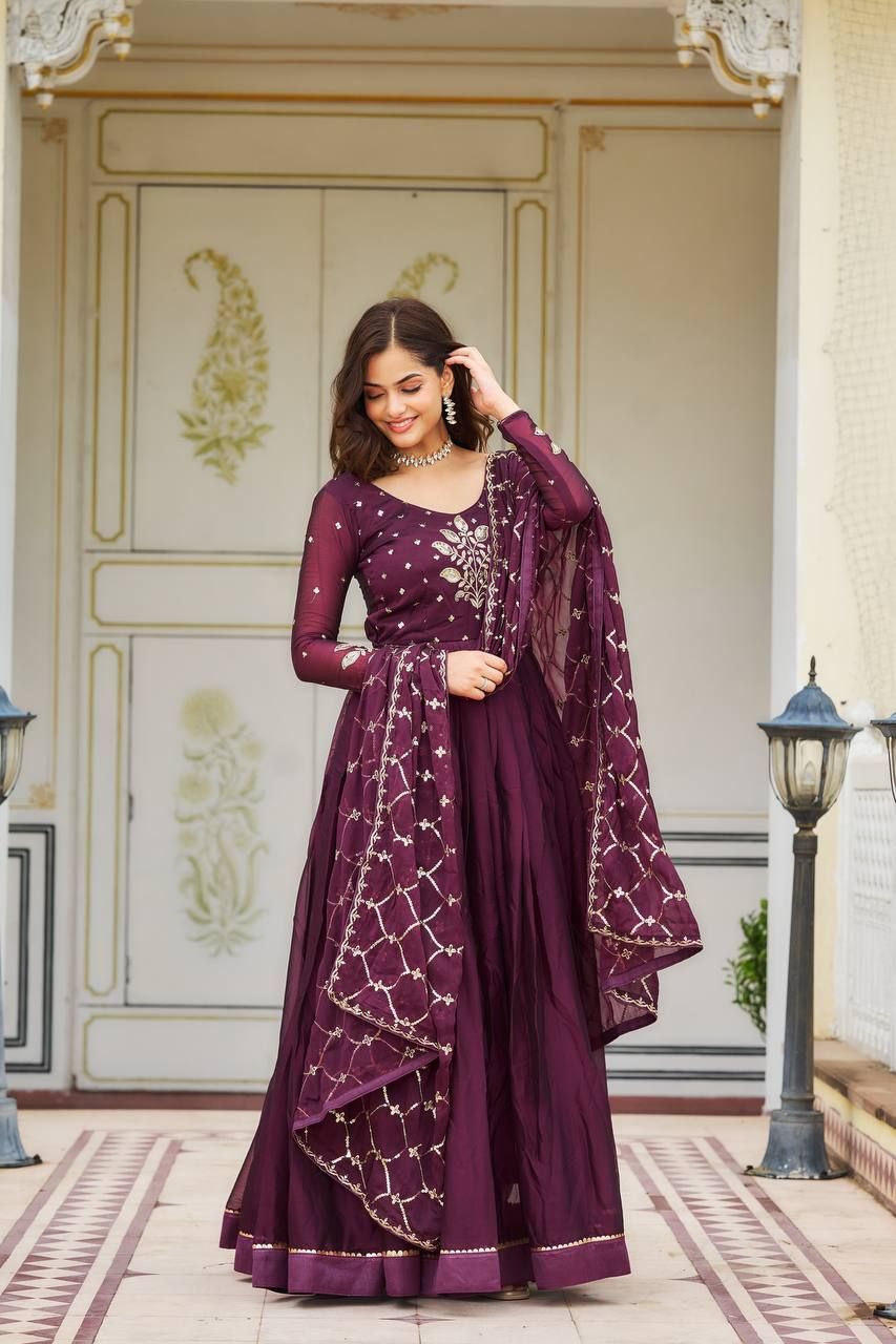 Aastha Wine pure Rangoli Fox Georgette with Gown Fabric Heavy sequence Embroidery Work