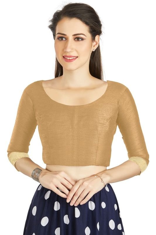 Aastha fashion Beig Art Silk Blouse Fabric Sleeve Button Design Blouse work - Prithvi Mart