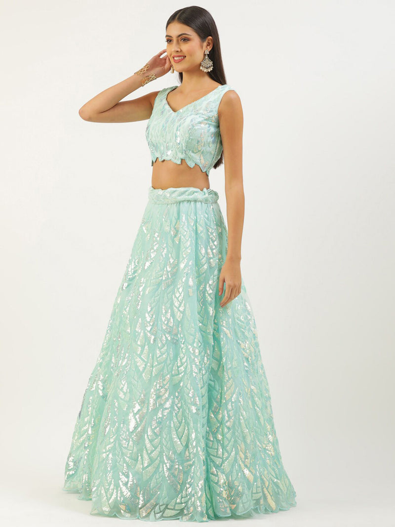 Aastha fashion Blue Soft net lehanga blouse fabric Multiple Sequins, Thread Embroidery Work