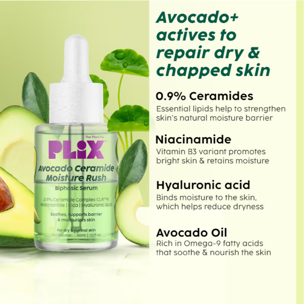 PLIX The Plant Fix Barrier Repair Combo Kit with Avocado Ceramide Moisture Rush Serum, Cleanser & Cream