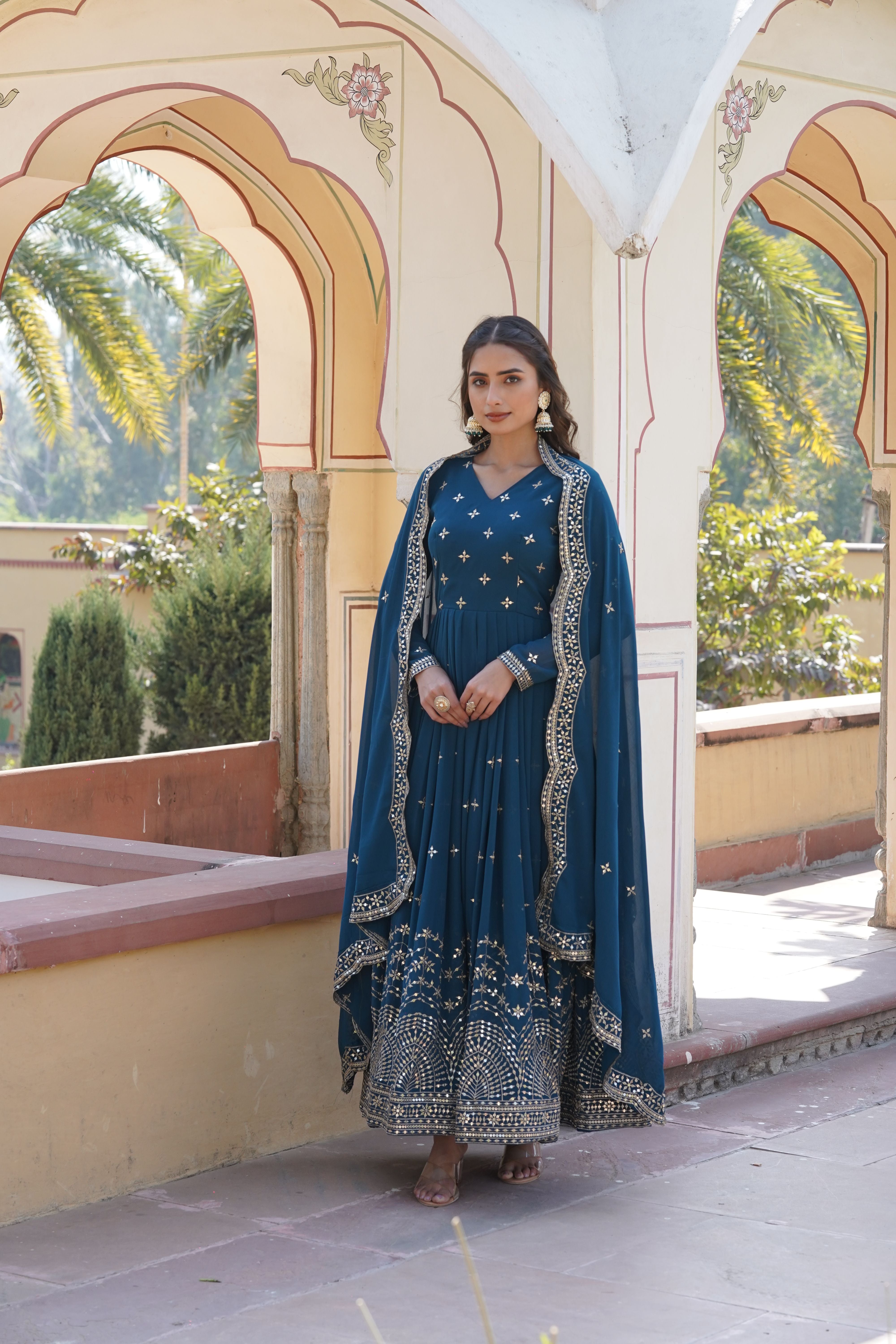 Aastha Teal Faux Georgette with Gown fabric Printed