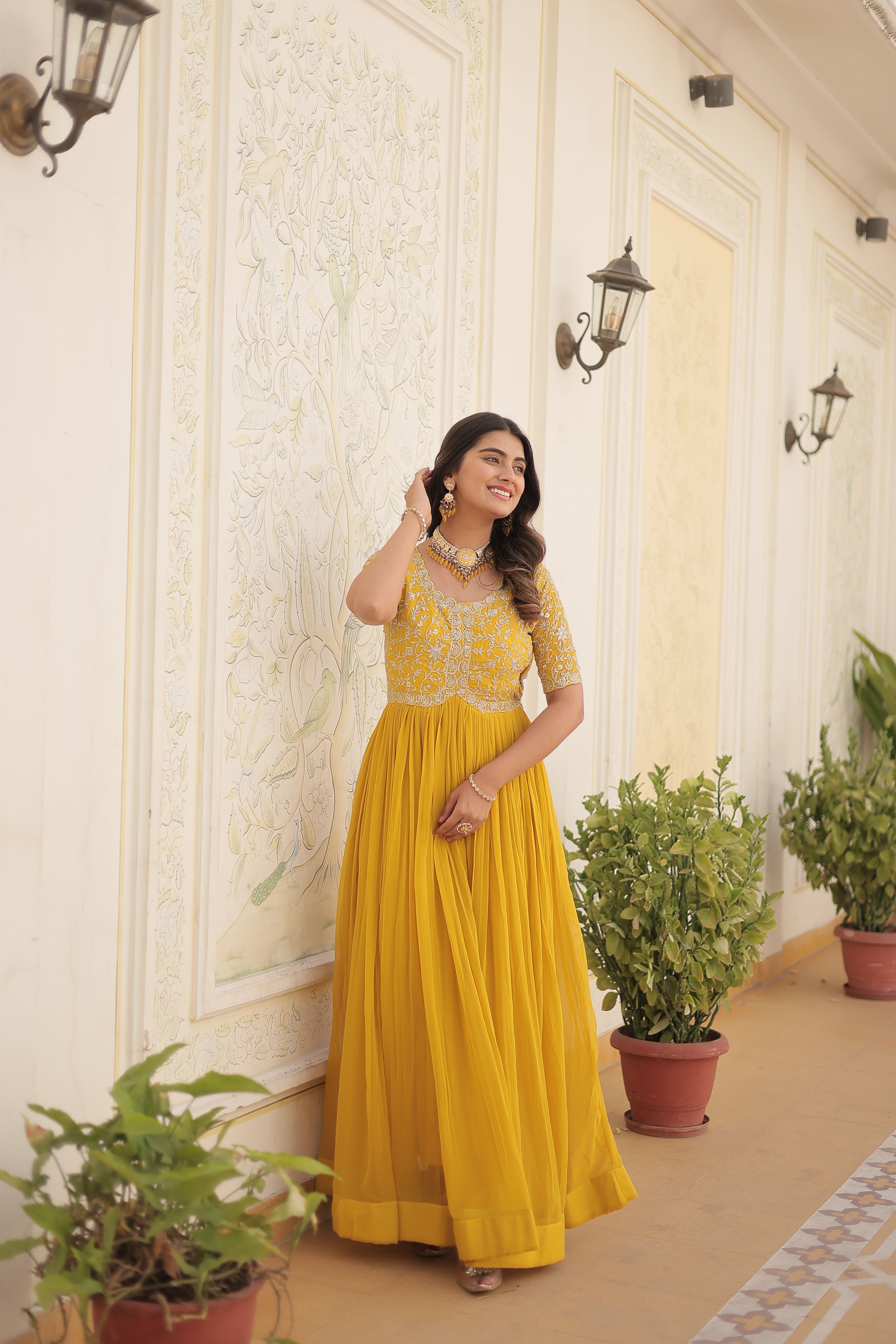 Aastha Yellow Faux Blooming with Gown fabric Embroidery Zari Sequins-work