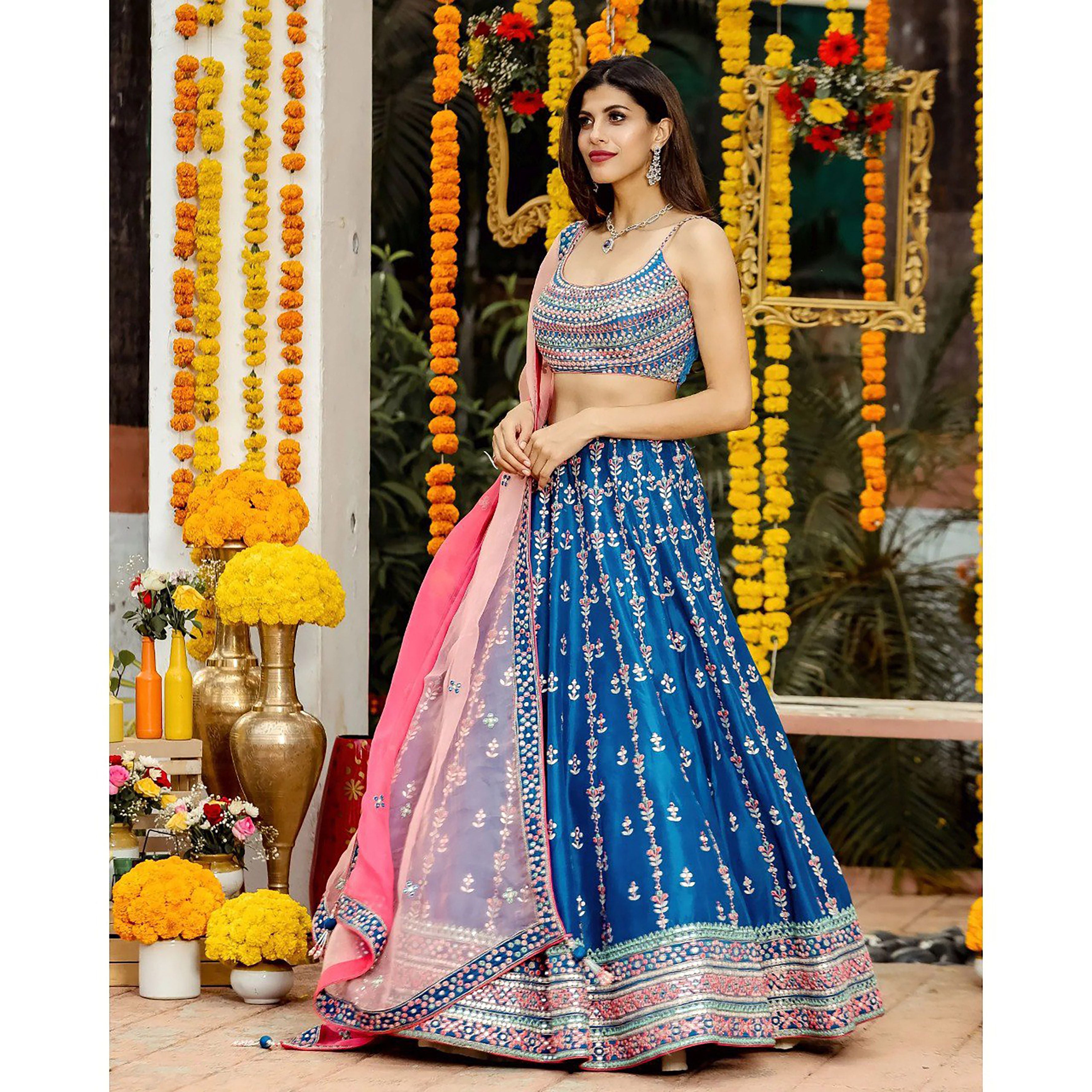 Aastha fashion off blue Lehenga Choli with chinon blouse fabric