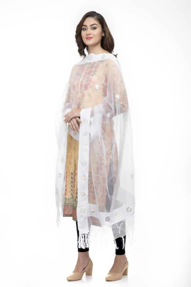 Mominos Fashion White Orgenza Gota Flower Dupatta