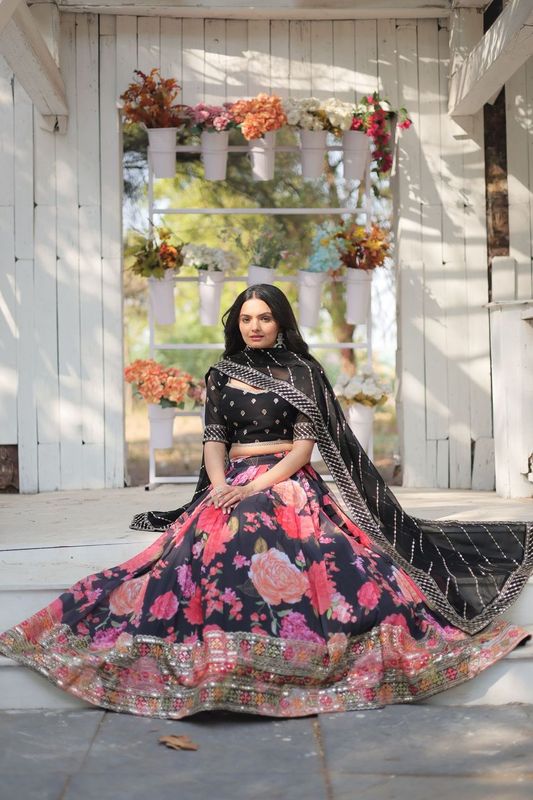 Aastha fashion black Faux Georgette lehanga 	Faux Blooming blouse fabric embroidery work