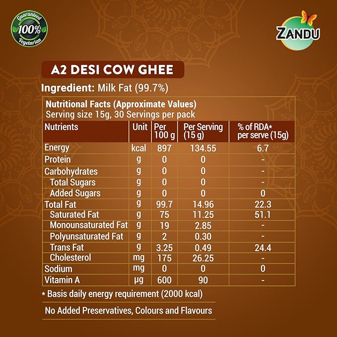 Zandu A2 Desi Cow Ghee: Derived from A2 Certified Milk Using Traditional Bilona Method