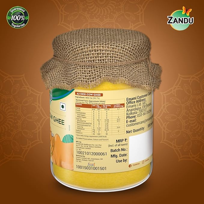 Zandu A2 Desi Cow Ghee: Derived from A2 Certified Milk Using Traditional Bilona Method