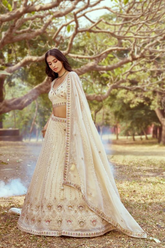 Aastha fashion Cream Tissue lehanga blouse Embroidery Work