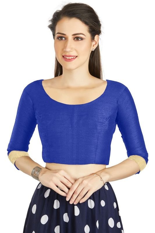 Aastha fashion Navy Blue Art Silk Blouse Fabric Sleeve Button Design Blouse work - Prithvi Mart