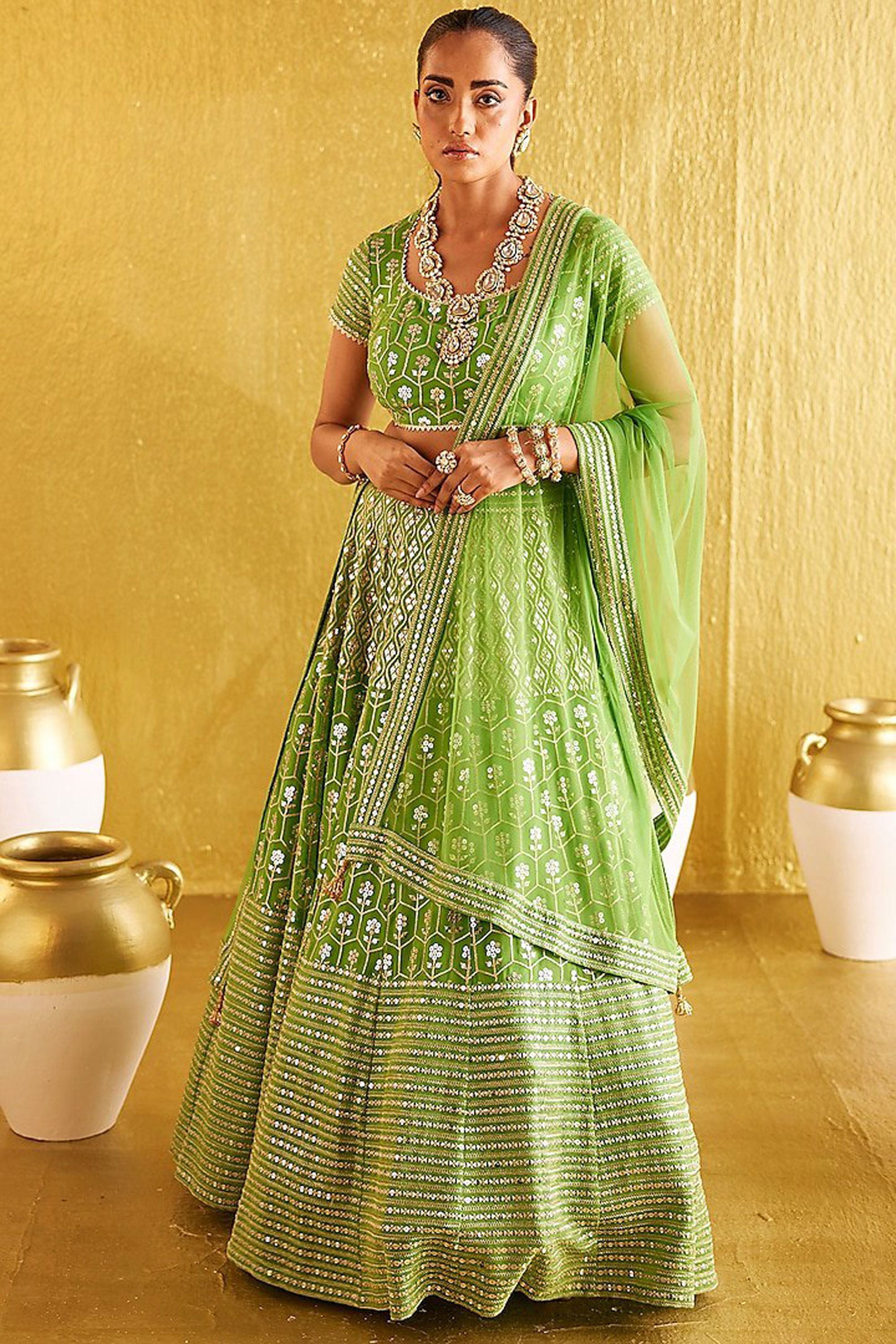 Aastha fashion off green Lehenga Choli with banglori silk blouse fabric
