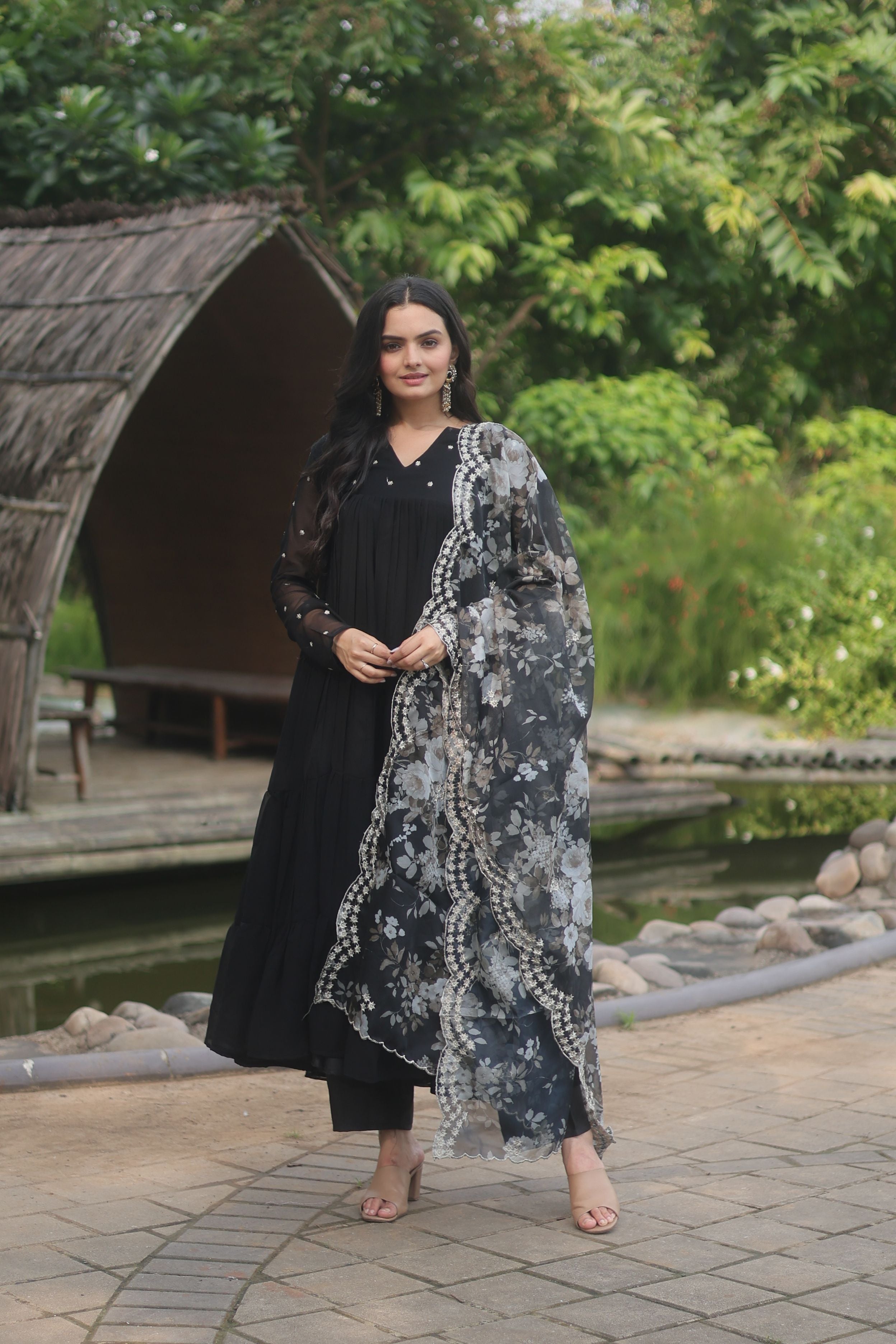 Aastha Black Faux Bloomin Soft organza with Gown Embroidered Work